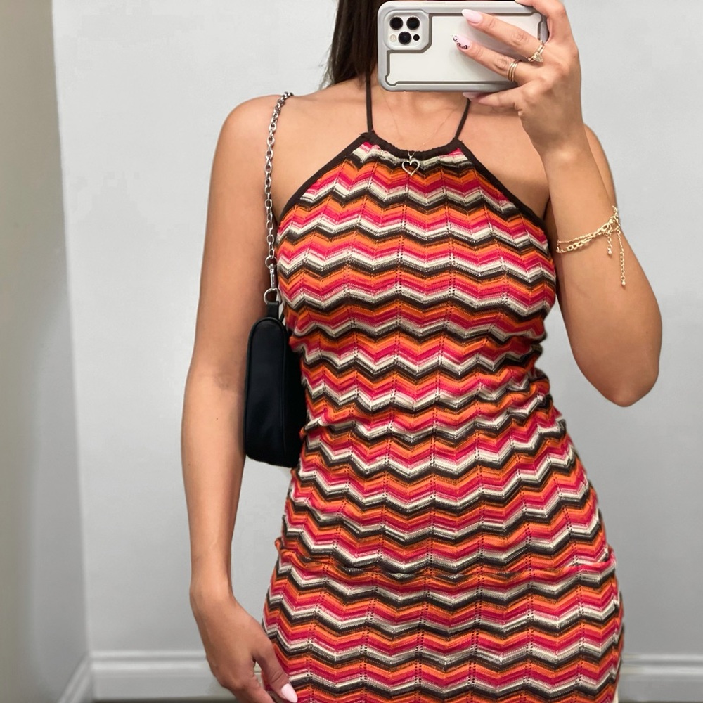 Multicolor striped knit crochet stretch ribbed bodycon halter mini dress 🦋